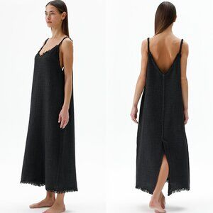 Black Textured Fringe-Trim Maxi Dress